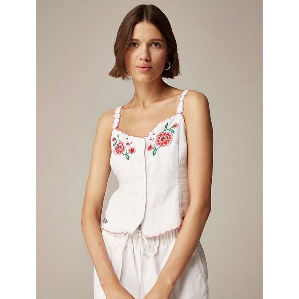 J.Crew Women’s Size 4 White Linen Floral Embroidered Scallop Cami Tank Top